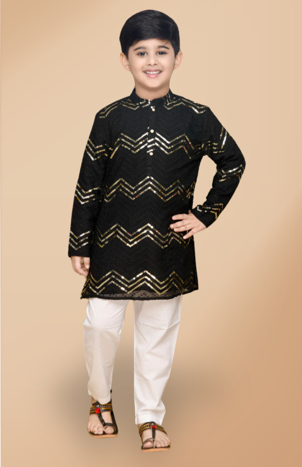 Black festive Embroidered Kurta With Pajamas for Boys