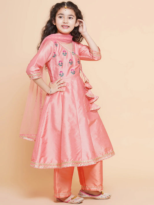 Girls Cute Peach Embroidered Kurta Pajama & Dupatta ethnic wear