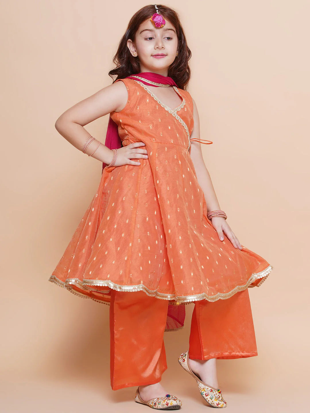 Girls Cute Peach Orange Ethnic and Traditional Kurta & Pajama, Dupatta Dress