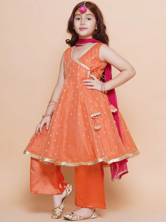 Girls Cute Peach Orange Ethnic and Traditional Kurta & Pajama, Dupatta Dress