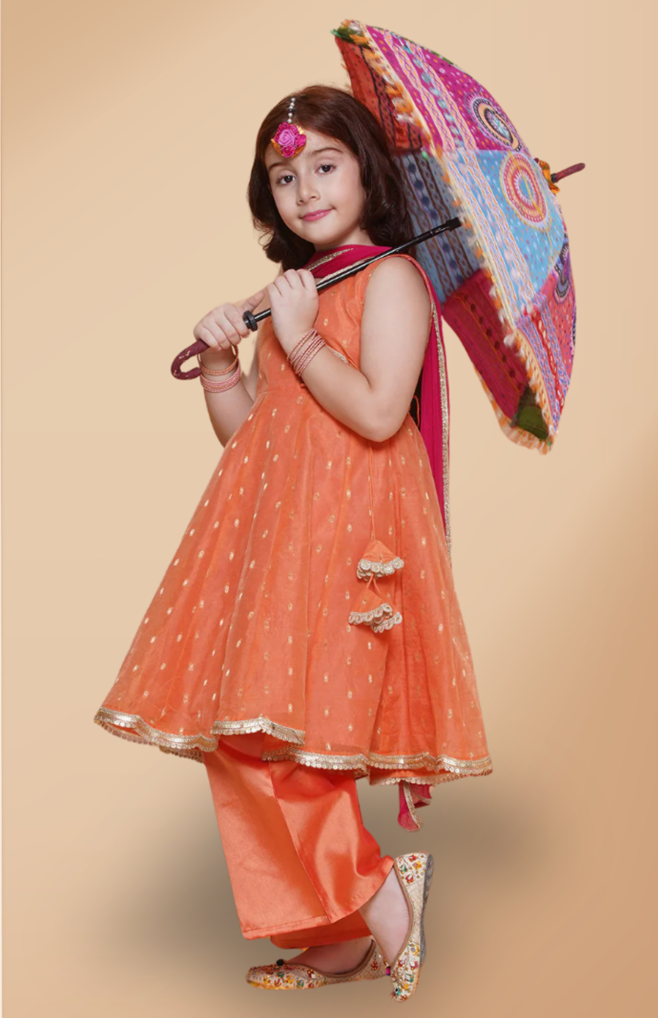 Girls Cute Peach Orange Ethnic and Traditional Kurta & Pajama, Dupatta Dress