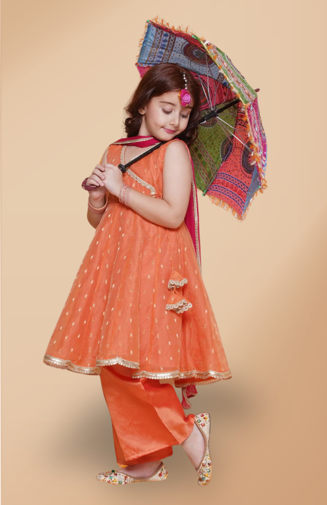 Girls Cute Peach Orange Ethnic and Traditional Kurta & Pajama, Dupatta Dress