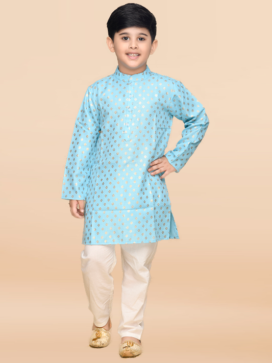 Purple Prunes Boys Blue & Gold Printed Ethnic Kurta With Off White Pajama