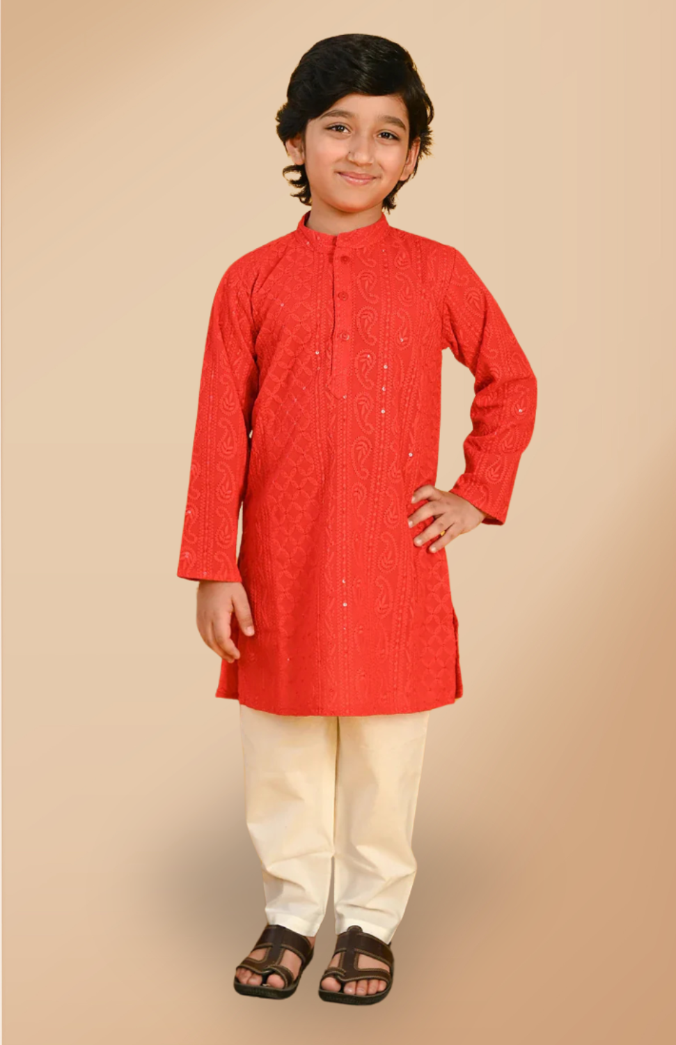 Boys Red Embroidered Pajama Kurta Ethnic wear