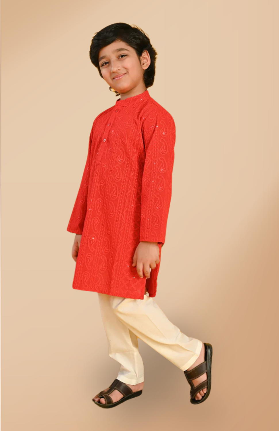 Boys Red Embroidered Pajama Kurta Ethnic wear