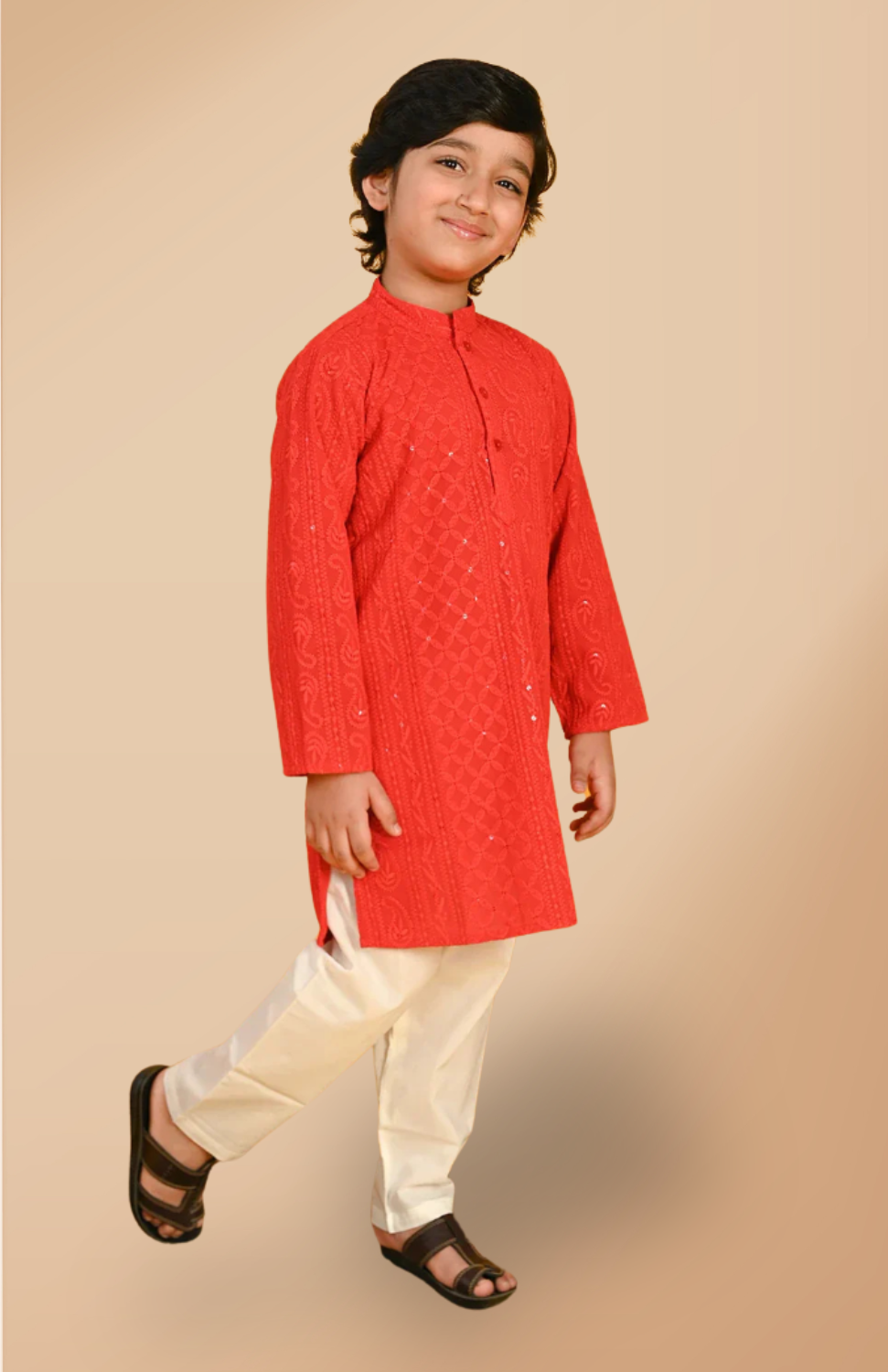 Boys Red Embroidered Pajama Kurta Ethnic wear