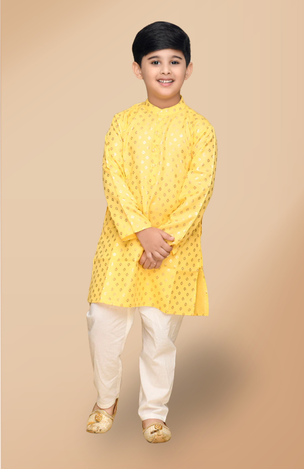 Boys Yellow & Gold Printed Festive Kurta White Pyjama