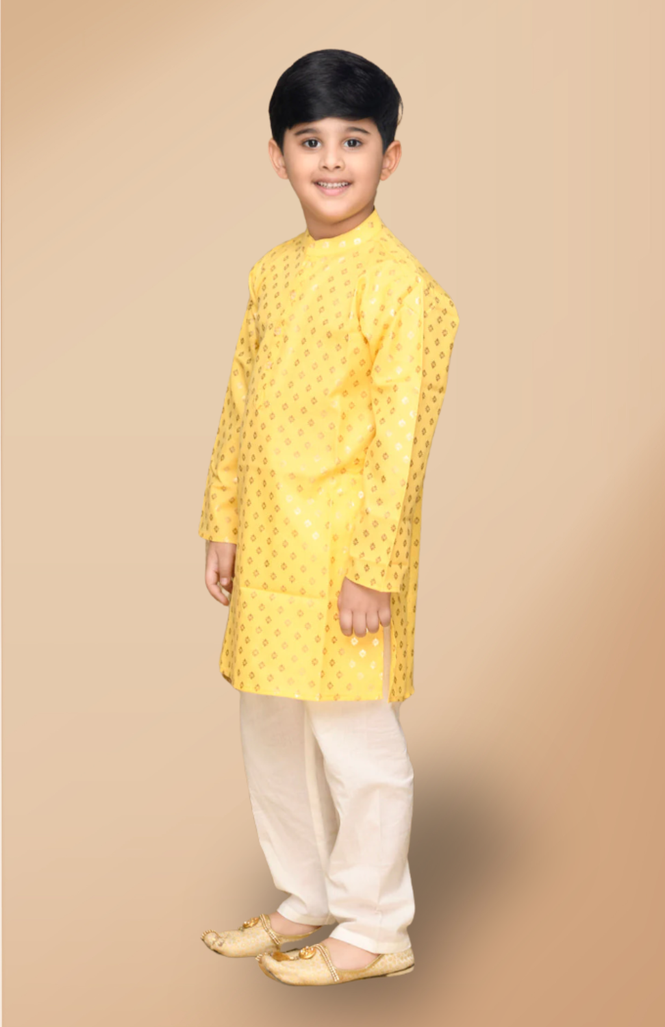 Boys Yellow & Gold Printed Festive Kurta White Pyjama