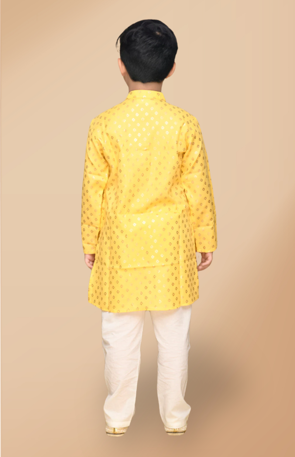 Boys Yellow & Gold Printed Festive Kurta White Pyjama