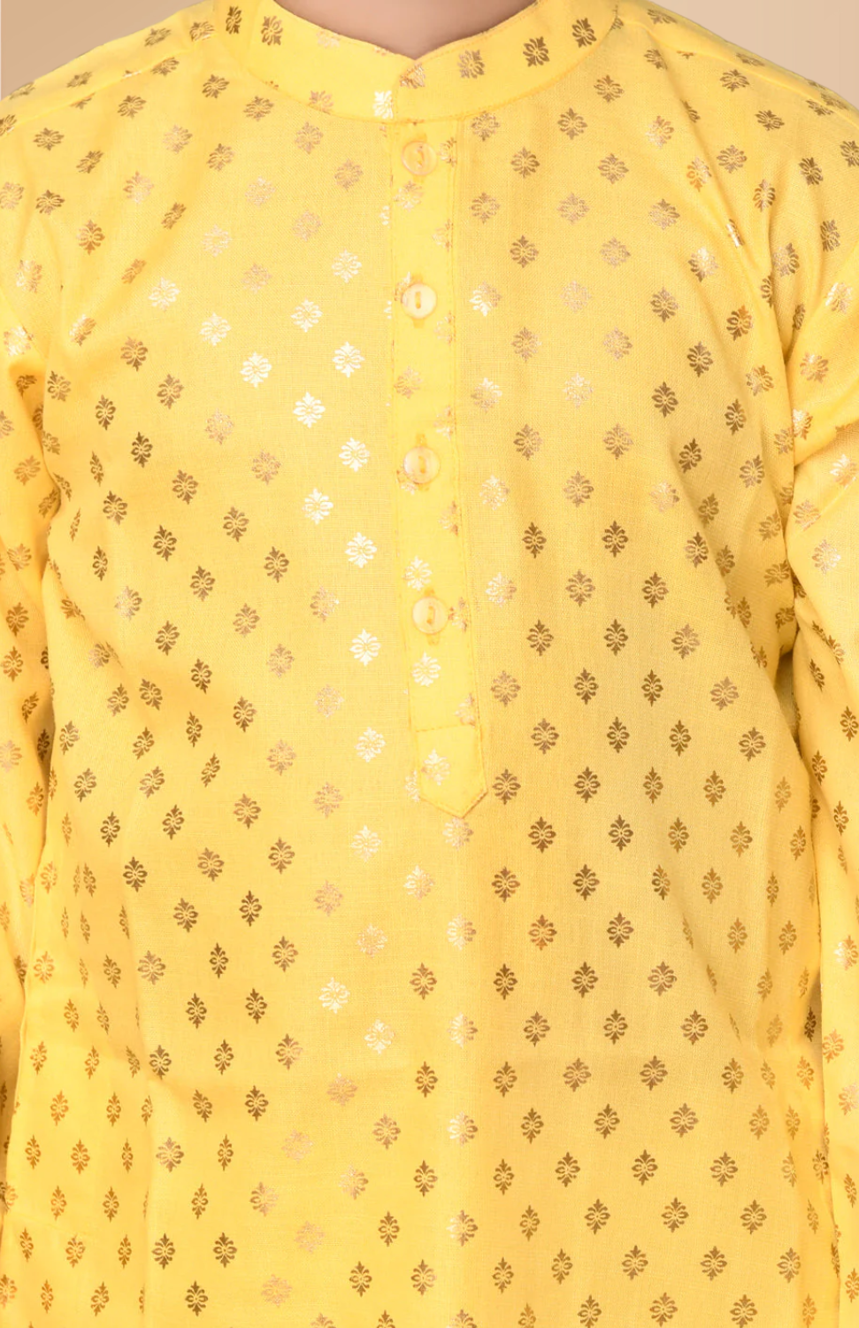 Boys Yellow & Gold Printed Festive Kurta White Pyjama