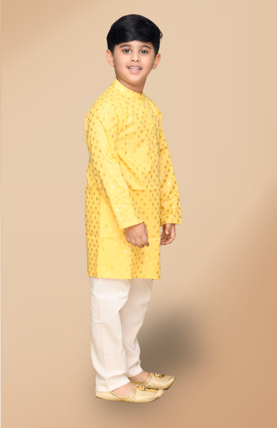 Boys Yellow & Gold Printed Festive Kurta White Pyjama