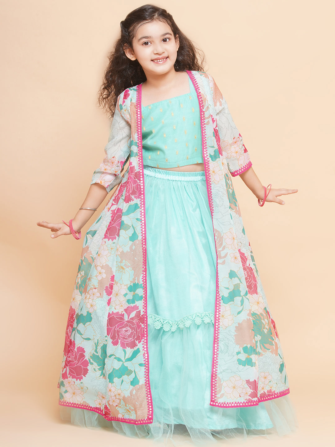 Girls Sea Green Multi Floral Print Lehenga Dress & Blouse With Shrug