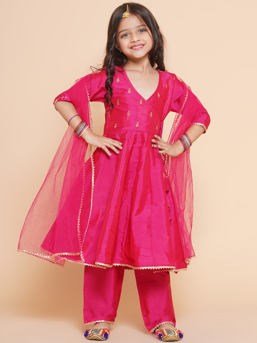 Girls Pink Embroidered Kurta With Trousers & With Dupatta