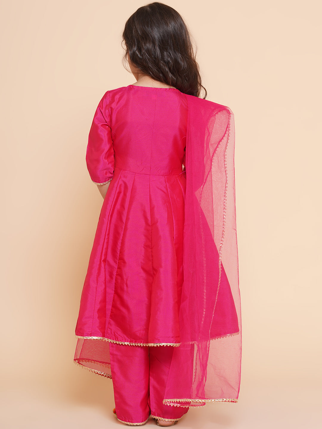 Girls Pink Embroidered Kurta With Trousers & With Dupatta