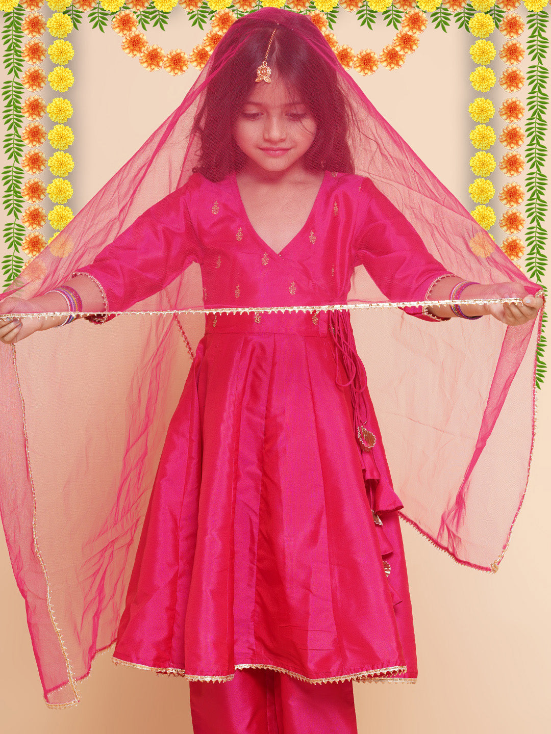 Girls Pink Embroidered Kurta With Trousers & With Dupatta