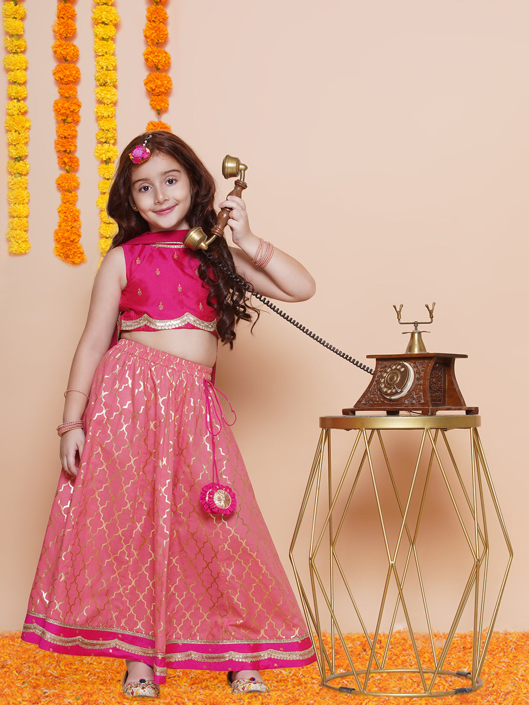 Girls Pink Embroidered Choli Peach Jaal foil printed Lehenga Dress With Dupatta