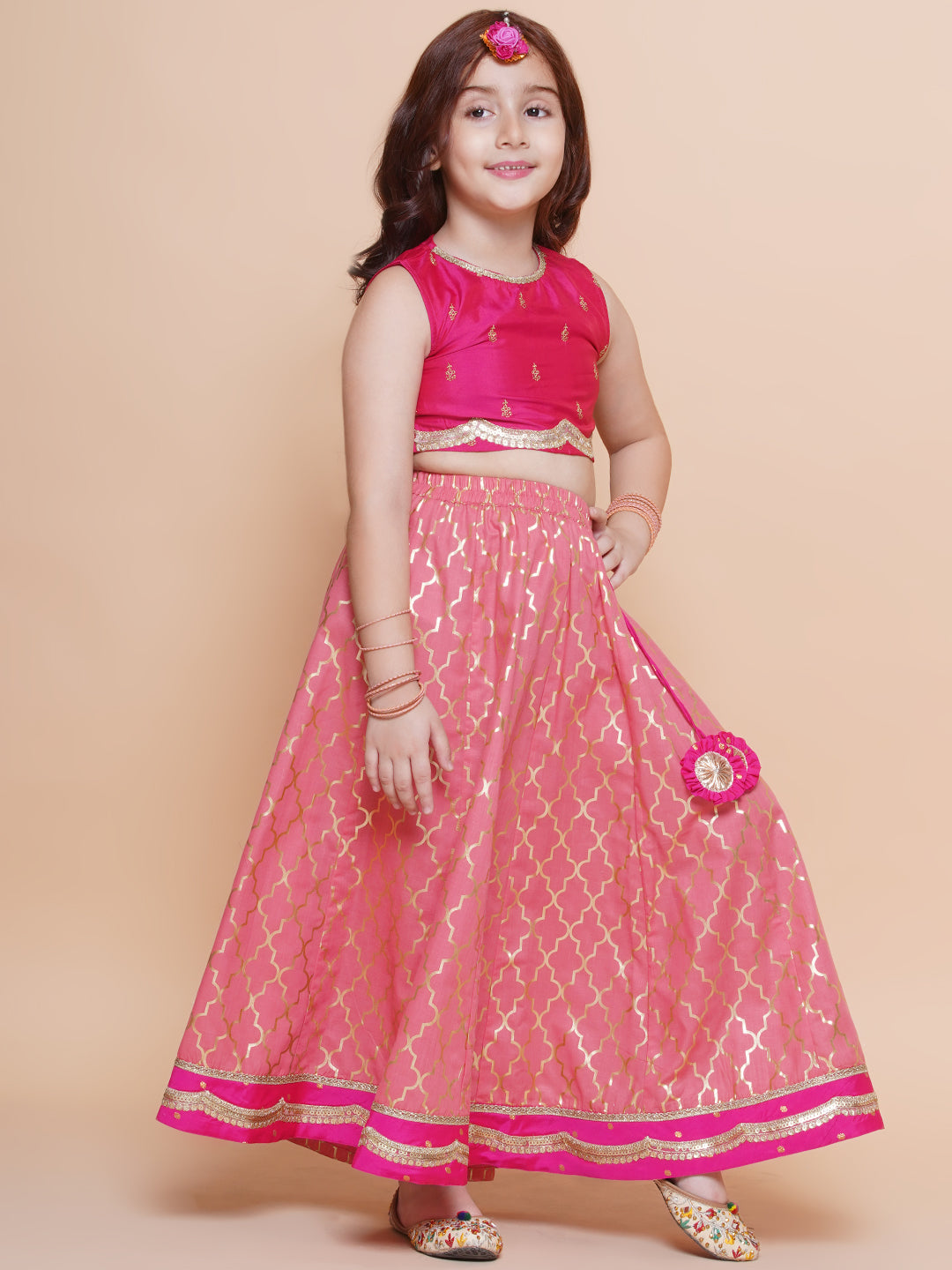 Girls Pink Embroidered Choli Peach Jaal foil printed Lehenga Dress With Dupatta