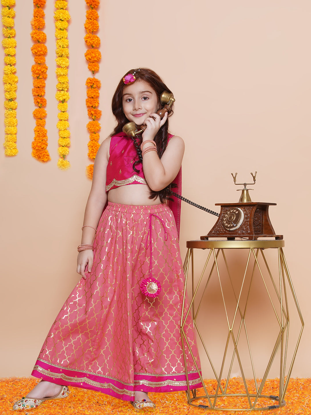 Girls Pink Embroidered Choli Peach Jaal foil printed Lehenga Dress With Dupatta