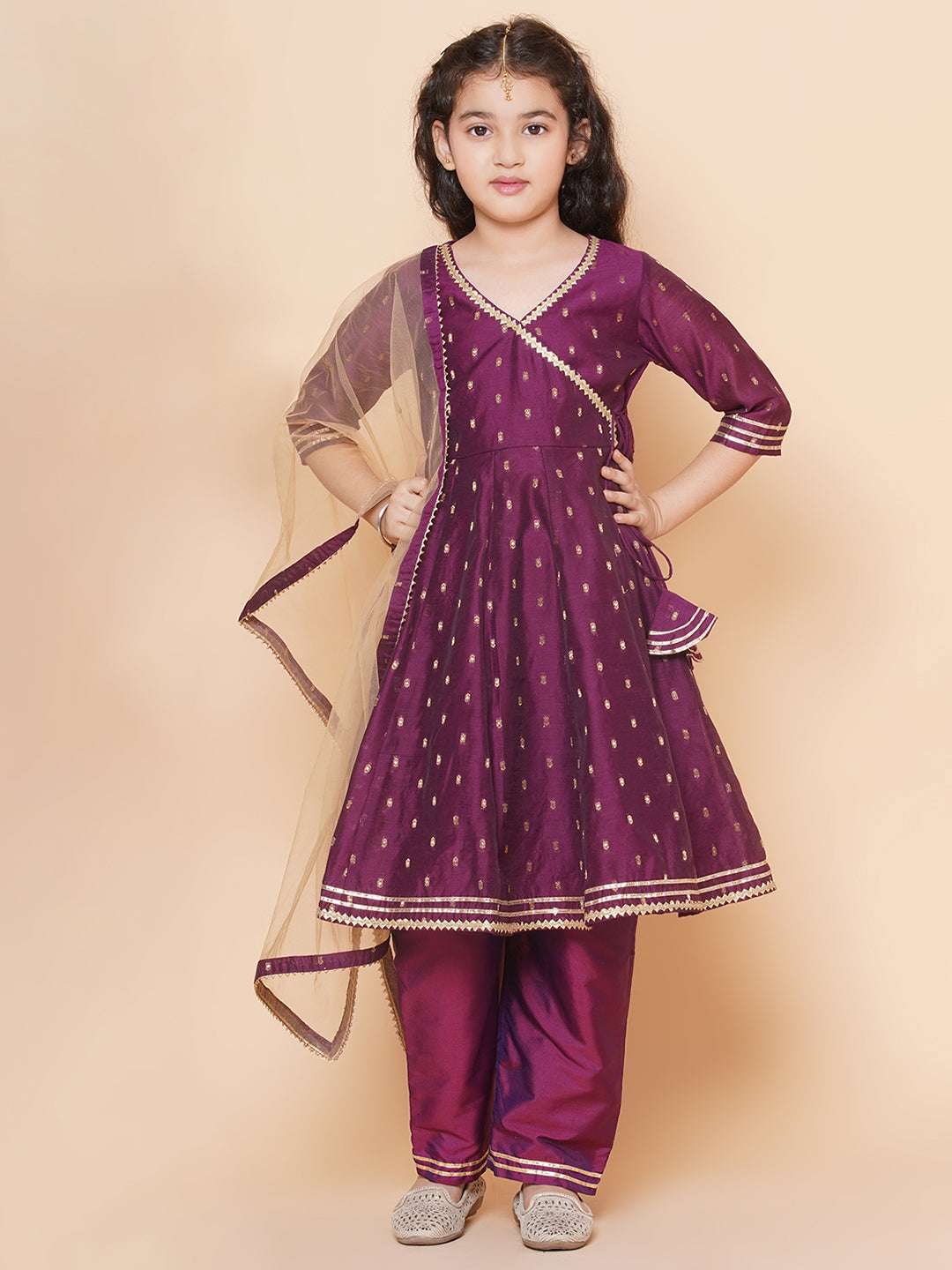 Girl Purple Anarkali Gotta Patti Kurta & Trousers set With Dupatta