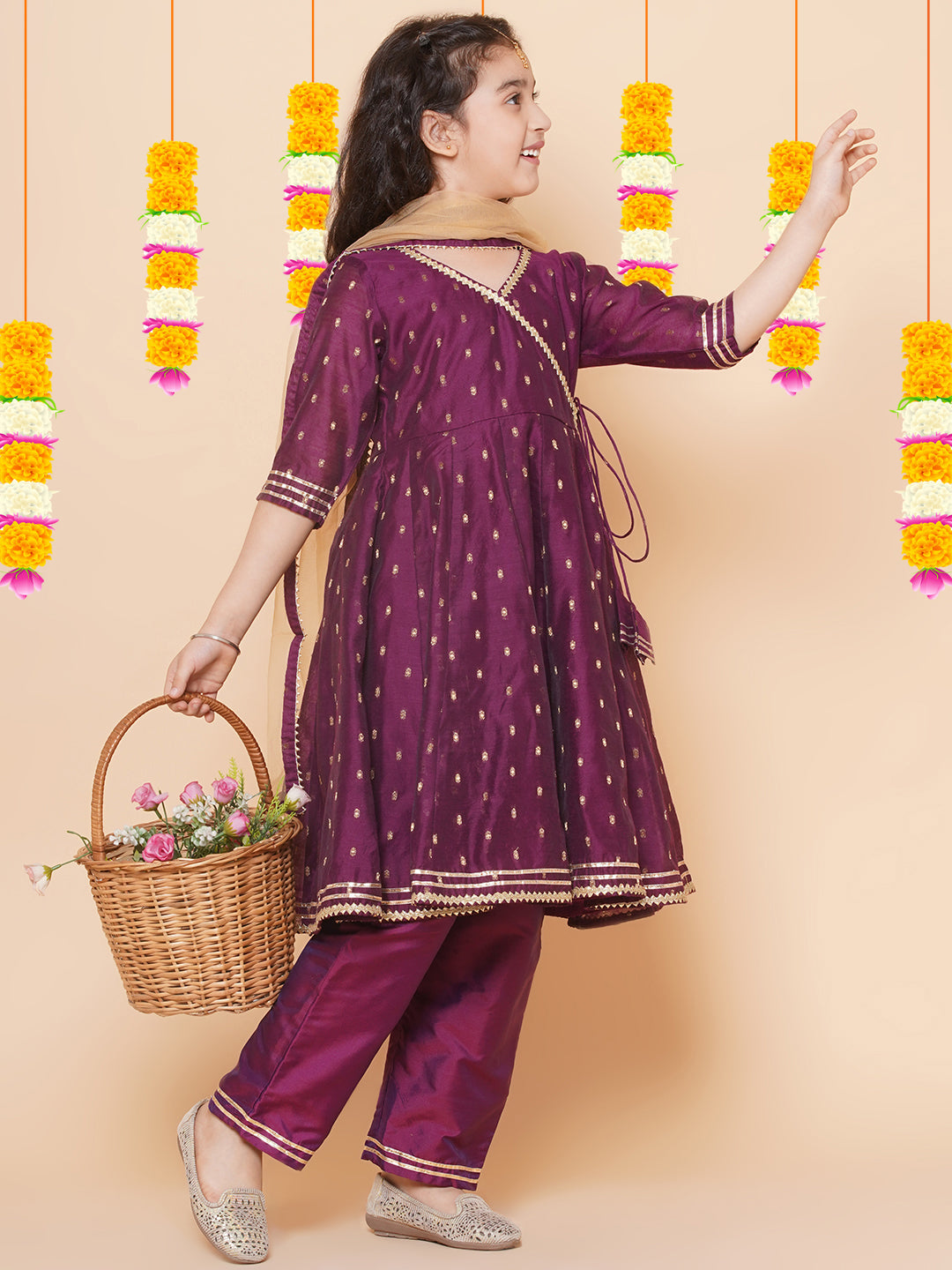 Girl Purple Anarkali Gotta Patti Kurta & Trousers set With Dupatta